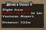 a box with title 'Kneeboard', showing the text 'Flight from Los Santos Airport to Las Venturas Airport. Distance: 233m' The 'Los Santos Airport' part is highlighted in red.